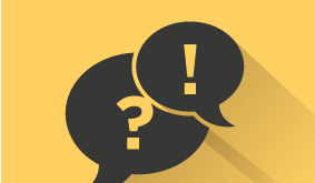 Piktogramm zweier Sprechblasen, wobei eine ein Fragezeichen und die andere ein Ausrufezeichen enthält, auf gelbem Hintergrund. 