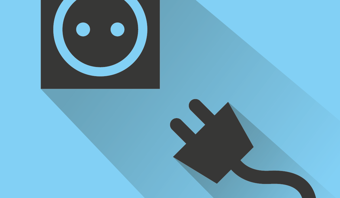 Piktogramm für den Anschluss, welcher eine Steckdose mit einem Stecker auf hellblauem Hintergrund zeigt. 