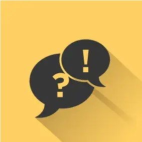 Piktogramm zweier Sprechblasen, wobei eine ein Fragezeichen und die andere ein Ausrufezeichen enthält, auf gelbem Hintergrund. 