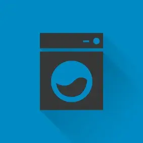 Piktogramm einer Waschmaschine oder eines Trockners auf dunkelblauen Hintergrund. 